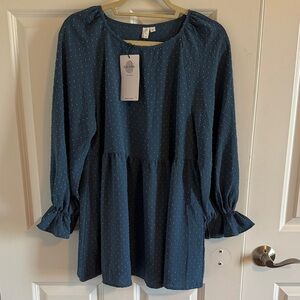NWT Boho Exlura Long Sleeve Loose Fit Swiss Dot Babydoll Peplum Tunic Top Medium